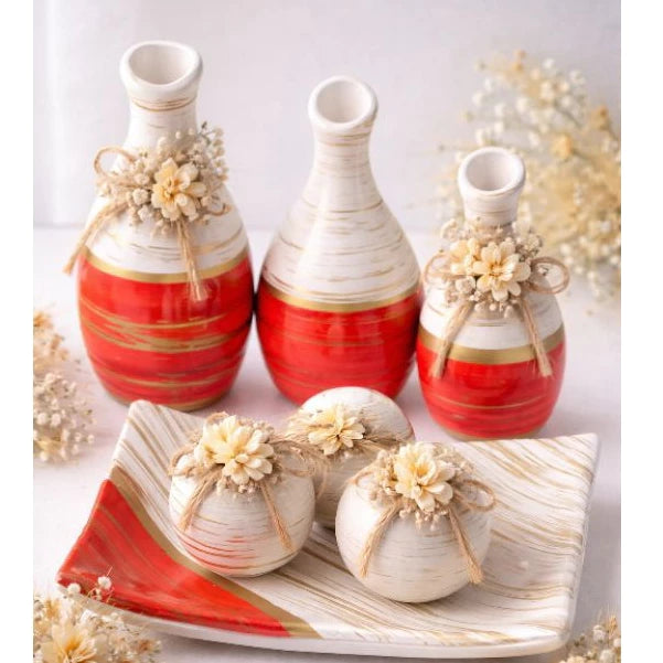 Trio de Vasinhos Decorativos NOXHome | Cerâmica com Bandeja e Bolinhas – Kit 5 Peças