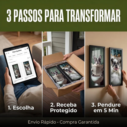 Kit 2 Quadros Verticais Bulldog Francês no Banheiro 18x45 cm com Moldura e Vidro — visualização 4
