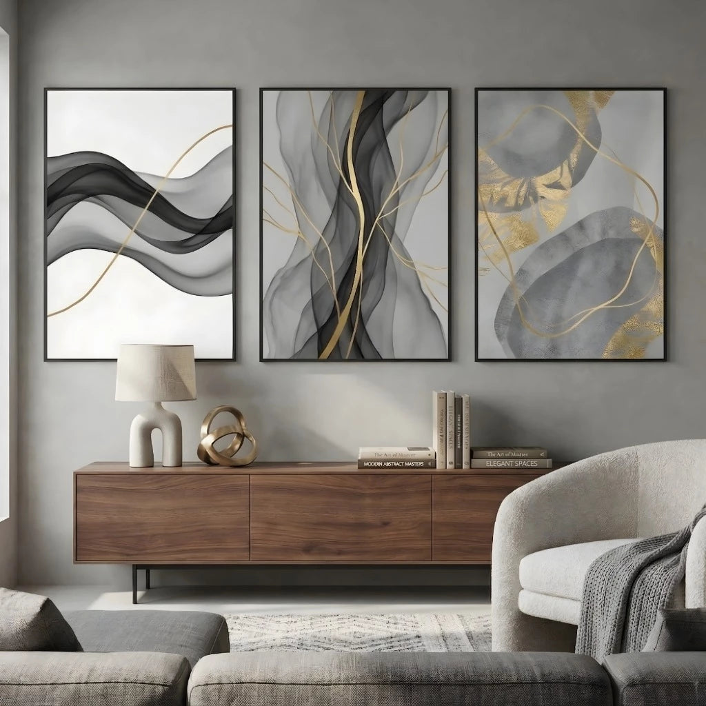 Kit 3 Quadros Decorativos Abstrato Fluidez Dourado NOXHome | Impressão 4K MDF Premium – Sala e Escritório