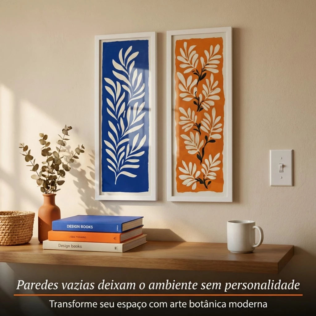 Kit 2 Quadros Verticais Folhagem Azul e Terracota 18x45 cm com Moldura e Vidro — visualização 4