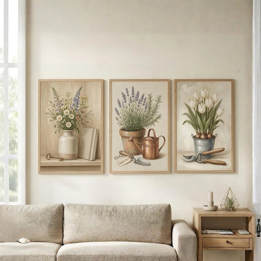 Kit 3 Quadros Decorativos Flores do Campo Lavanda NOXHome | Provençal Vintage MDF 4K – Sala e Quarto