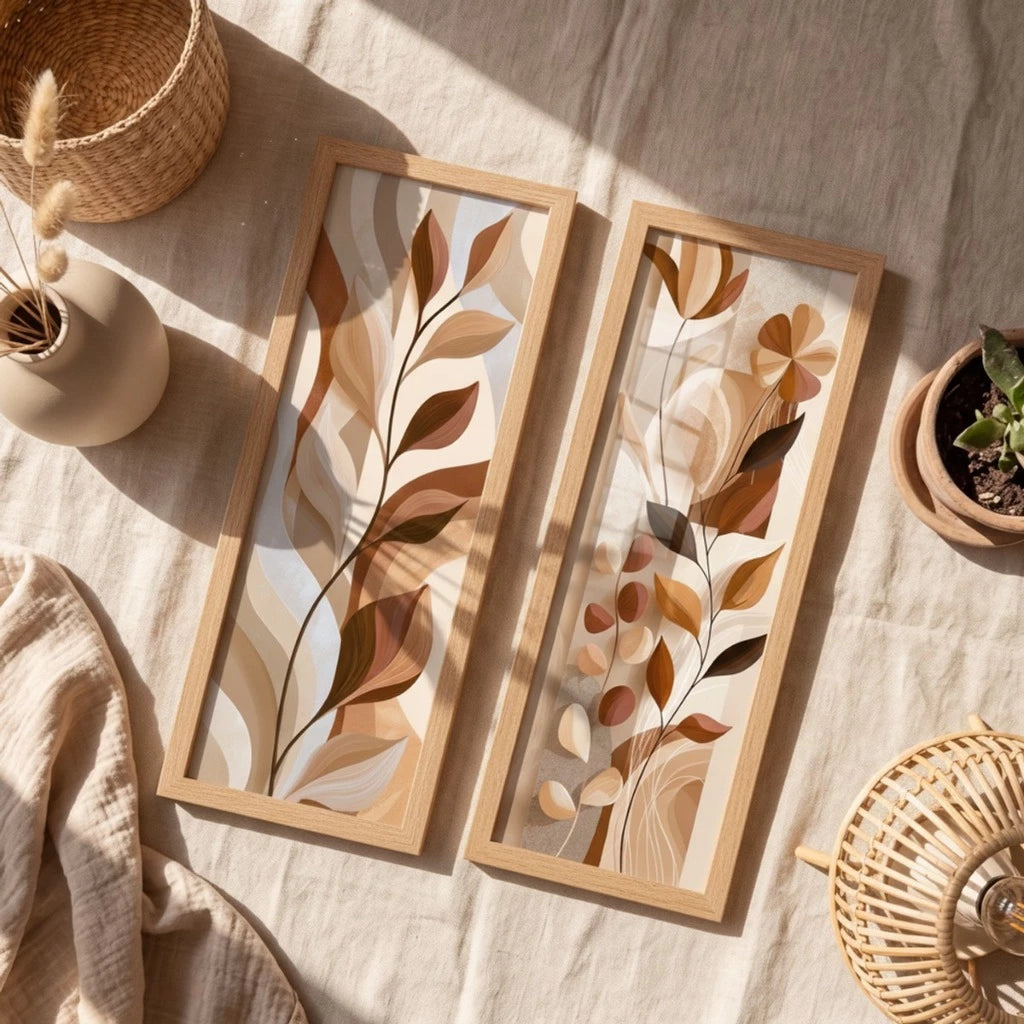 Kit 2 Quadros Verticais Folhas Bege Boho 18x45 cm com Moldura e Vidro — composição principal