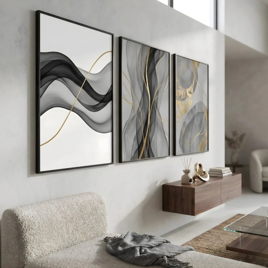Kit 3 Quadros Decorativos Abstrato Fluidez Dourado NOXHome | Impressão 4K MDF Premium – Sala e Escritório