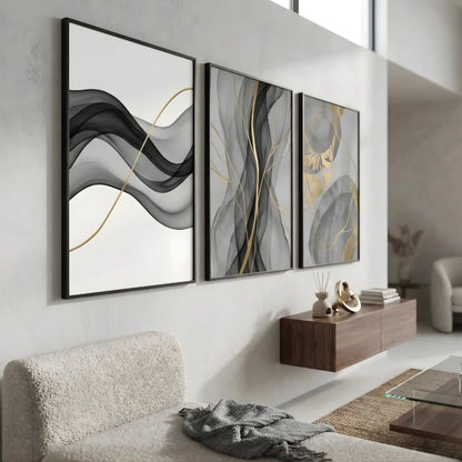 Kit 3 Quadros Decorativos Abstrato Fluidez Dourado NOXHome | Impressão 4K MDF Premium – Sala e Escritório