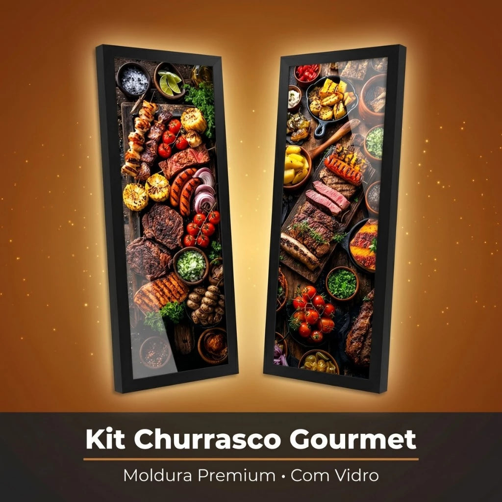 Kit 2 Quadros Verticais Churrasco Brasileiro 18x45 cm com Moldura e Vidro — visualização 2