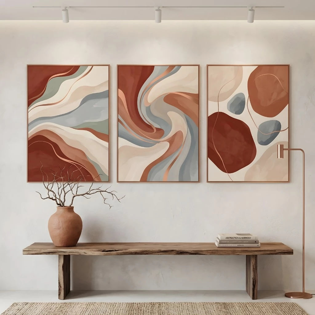 Kit 3 Quadros Decorativos Abstrato Boho Chic NOXHome | Tons Terrosos Formas Orgânicas 4K – Sala e Quarto