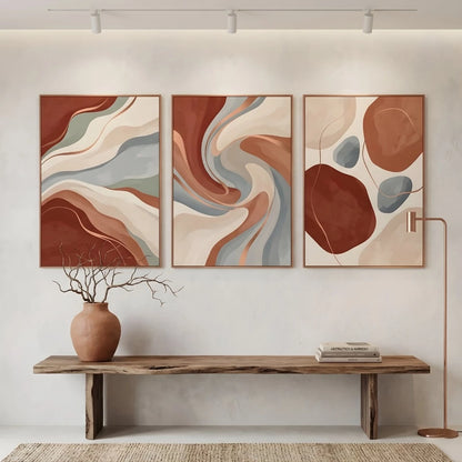 Kit 3 Quadros Decorativos Abstrato Boho Chic NOXHome | Tons Terrosos Formas Orgânicas 4K – Sala e Quarto