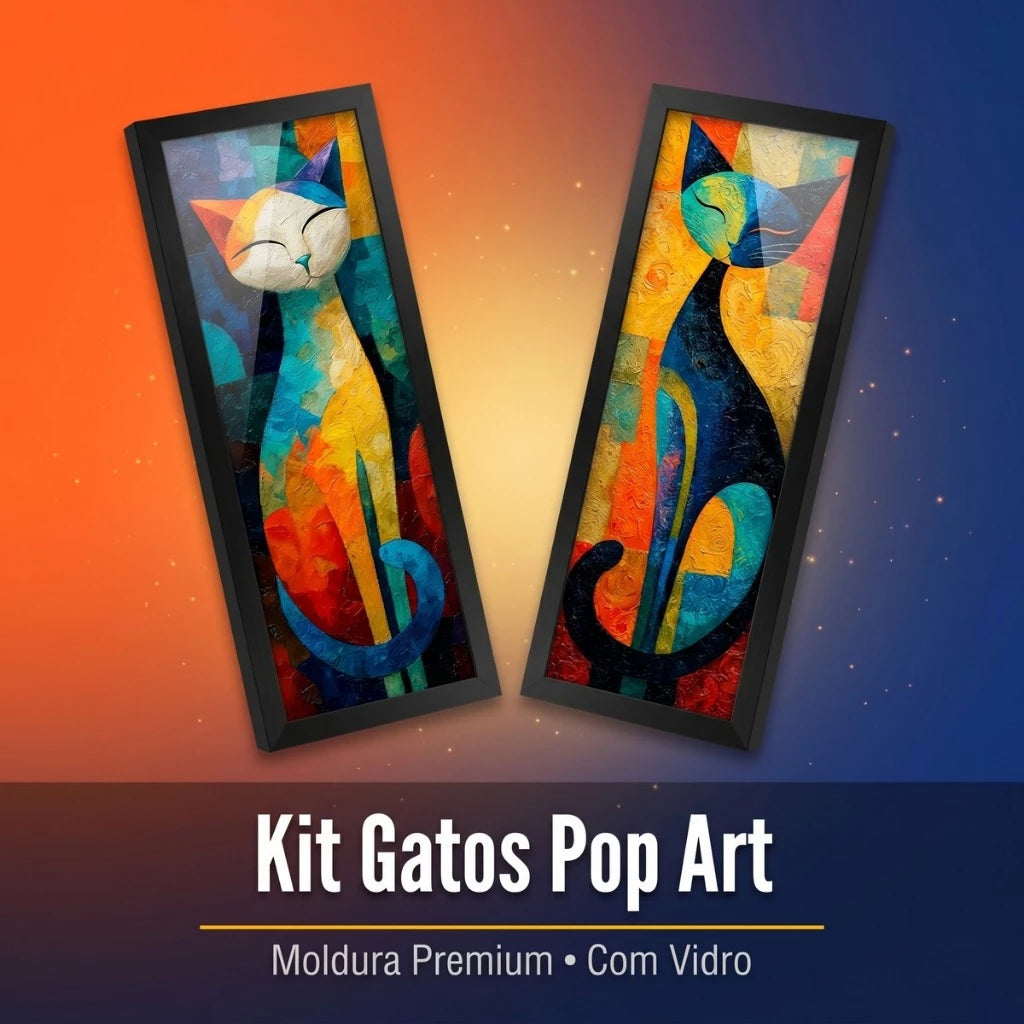 Kit 2 Quadros Verticais Gatos Pop Art 18x45 cm com Moldura e Vidro — visualização 2