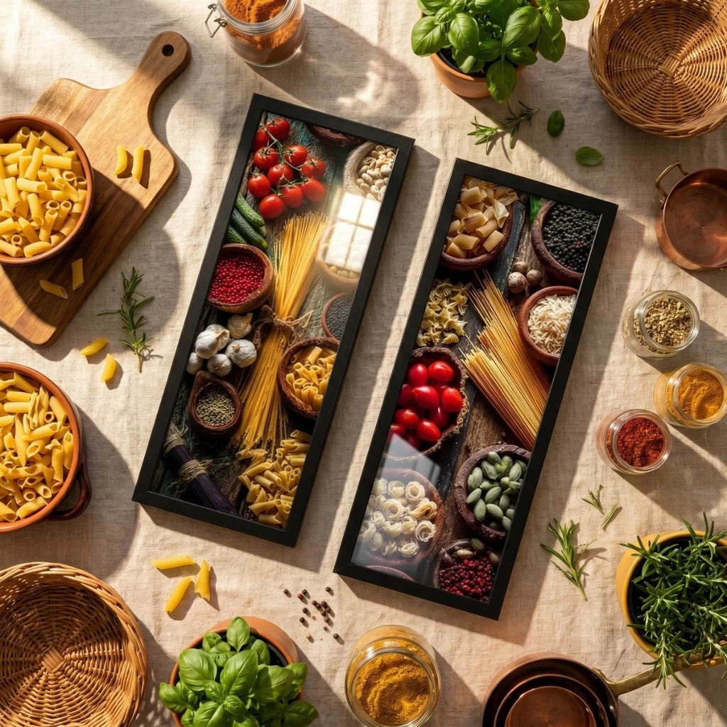 Kit 2 Quadros Verticais La Pasta Italiana 18x45 cm com Moldura e Vidro — composição principal
