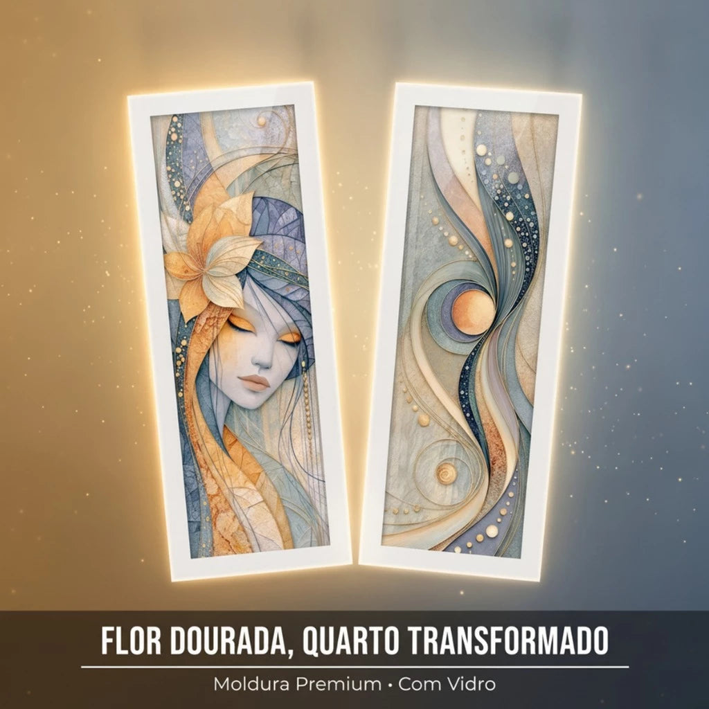 Kit 2 Quadros Verticais Mulher Abstrata Floral 18x45 cm com Moldura e Vidro — visualização 2