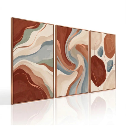 Kit 3 Quadros Decorativos Abstrato Boho Chic NOXHome | Tons Terrosos Formas Orgânicas 4K – Sala e Quarto
