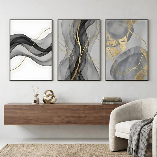 Kit 3 Quadros Decorativos Abstrato Fluidez Dourado NOXHome | Impressão 4K MDF Premium – Sala e Escritório