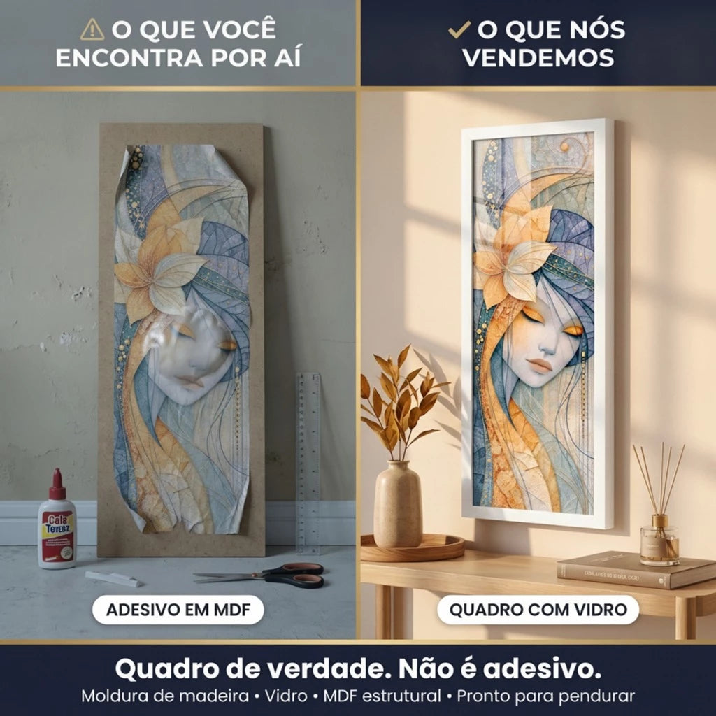 Kit 2 Quadros Verticais Mulher Abstrata Floral 18x45 cm com Moldura e Vidro — visualização 4