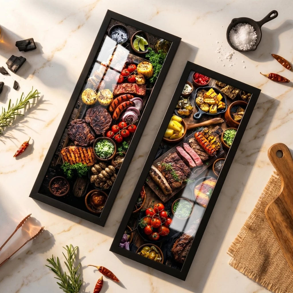 Kit 2 Quadros Verticais Churrasco Brasileiro 18x45 cm com Moldura e Vidro — composição principal