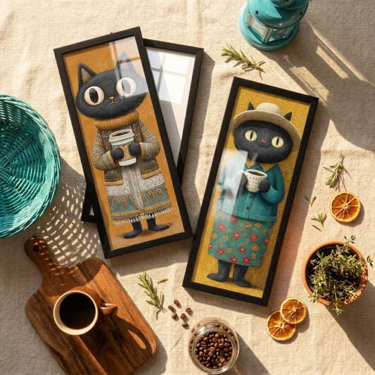 Kit 2 Quadros Verticais Gatos Tailandeses e Café 18x45 cm com Moldura e Vidro — composição principal