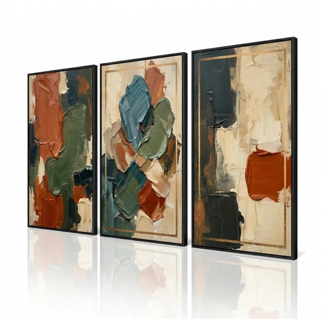 Kit 3 Quadros Decorativos Abstrato Sala e Quarto Tons Terrosos Moldura Dourada NOXHome