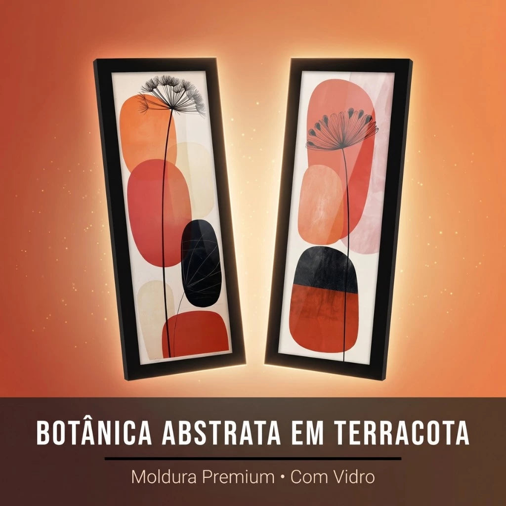 Kit 2 Quadros Verticais Floral Boho Abstrato Neutro 18x45 cm com Moldura e Vidro — visualização 2