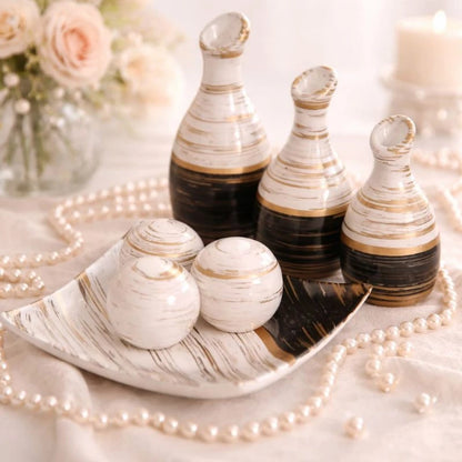 Trio de Vasinhos Decorativos NOXHome | Cerâmica com Bandeja e Bolinhas – Kit 5 Peças