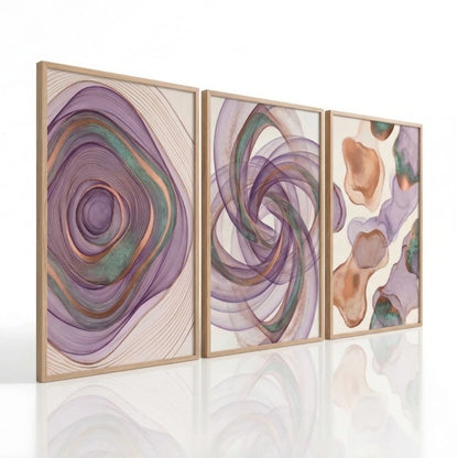 Trio Quadros Decorativos Abstrato Fluido Lilás Esmeralda Cobre NOXHome
