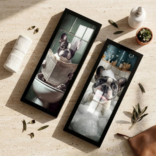 Kit 2 Quadros Verticais Bulldog Francês no Banheiro 18x45 cm com Moldura e Vidro — composição principal