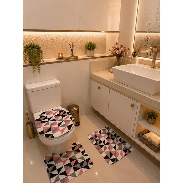 Kit Banheiro Completo NOXHome | 3 Tapetes Antiderrapantes + Saboneteira + Porta Sabonete Líquido – 5 Peças