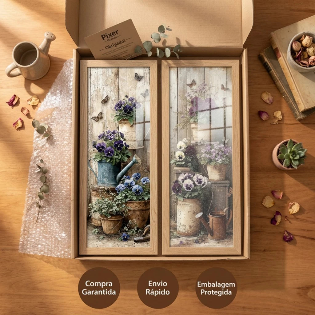 Kit 2 Quadros Verticais Vasos Rústicos com Flores e Borboletas 18x45 cm com Moldura e Vidro — composição principal