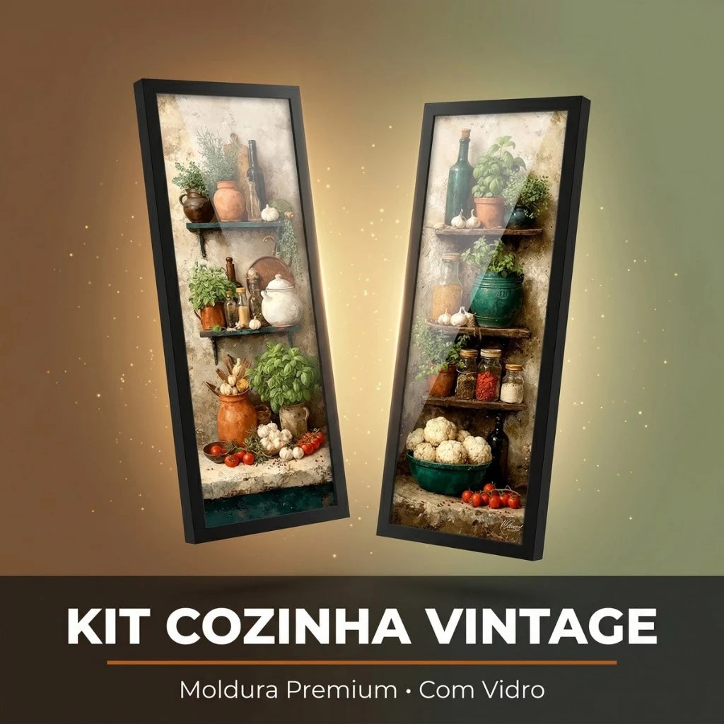 Kit 2 Quadros Verticais Cozinha Vintage Temperos e Legumes 18x45 cm com Moldura e Vidro — visualização 2