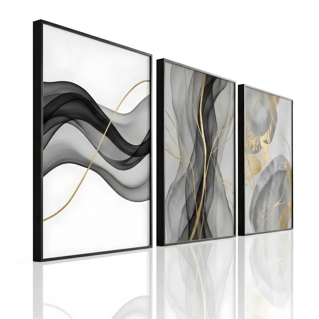 Kit 3 Quadros Decorativos Abstrato Fluidez Dourado NOXHome | Impressão 4K MDF Premium – Sala e Escritório