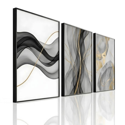 Kit 3 Quadros Decorativos Abstrato Fluidez Dourado NOXHome | Impressão 4K MDF Premium – Sala e Escritório