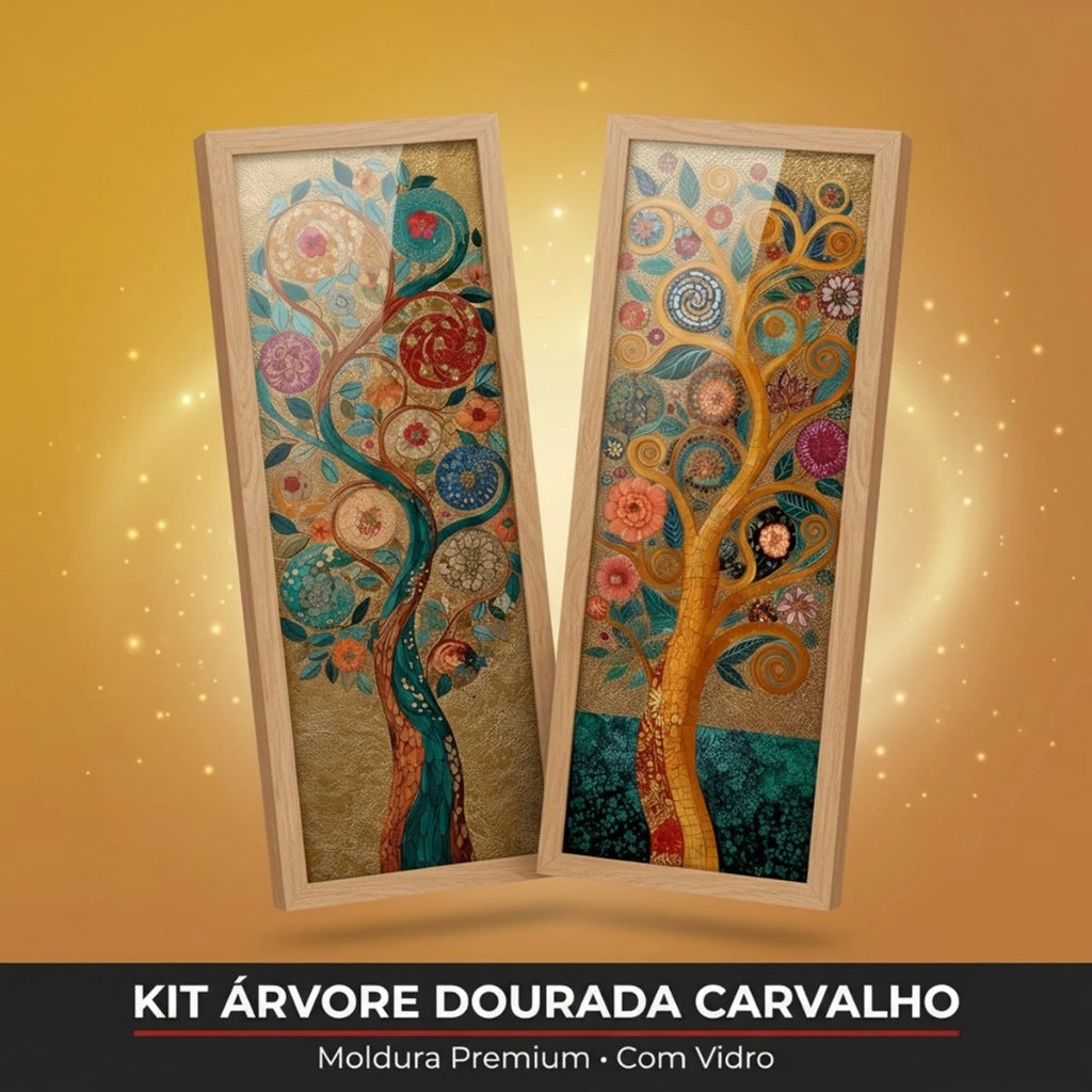 Kit 2 Quadros Verticais Árvore da Vida Dourada Zen 18x45 cm com Moldura e Vidro — visualização 2
