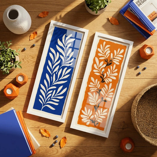 Kit 2 Quadros Verticais Folhagem Azul e Terracota 18x45 cm com Moldura e Vidro — composição principal