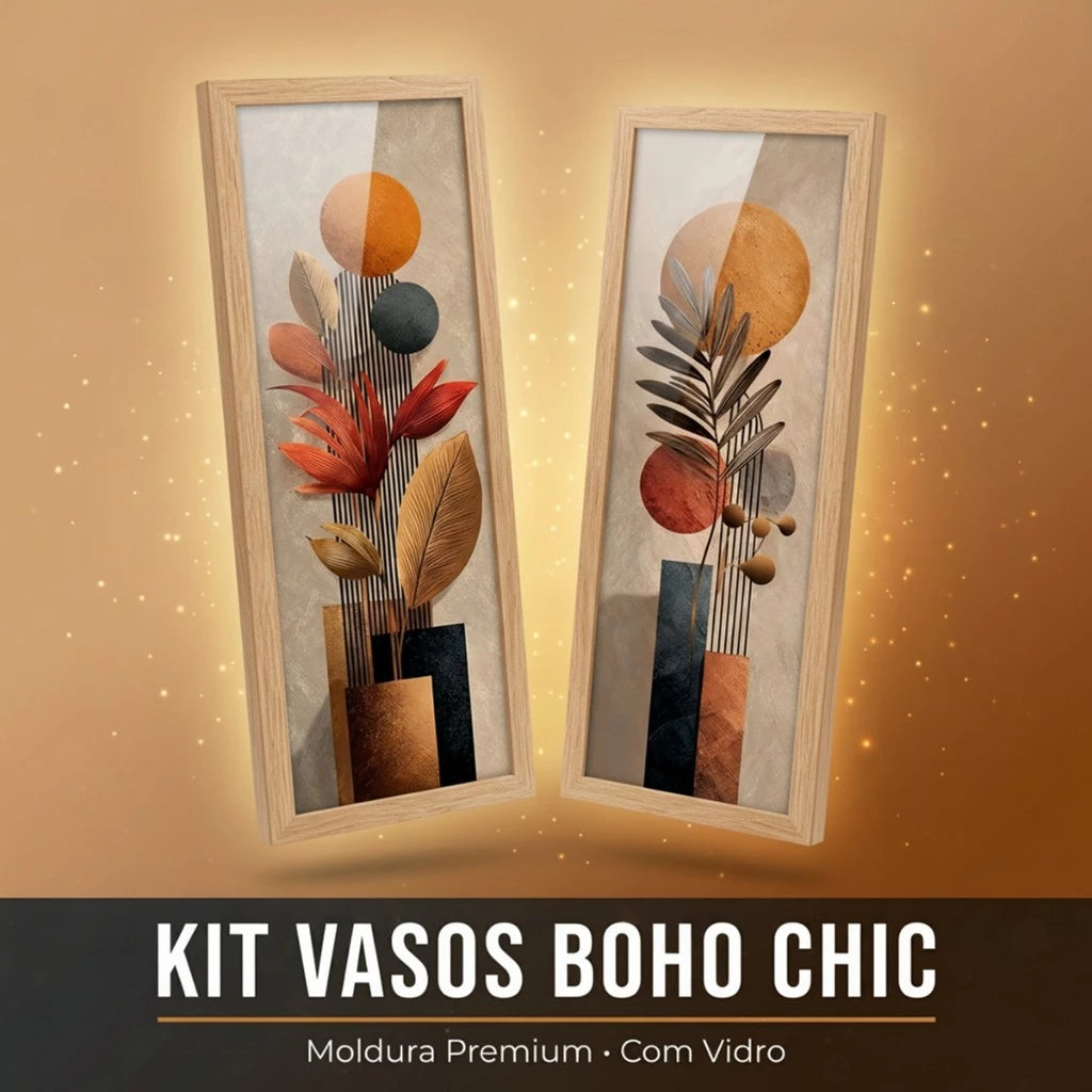 Kit 2 Quadros Verticais Vasos Boho 18x45 cm com Moldura e Vidro — visualização 2