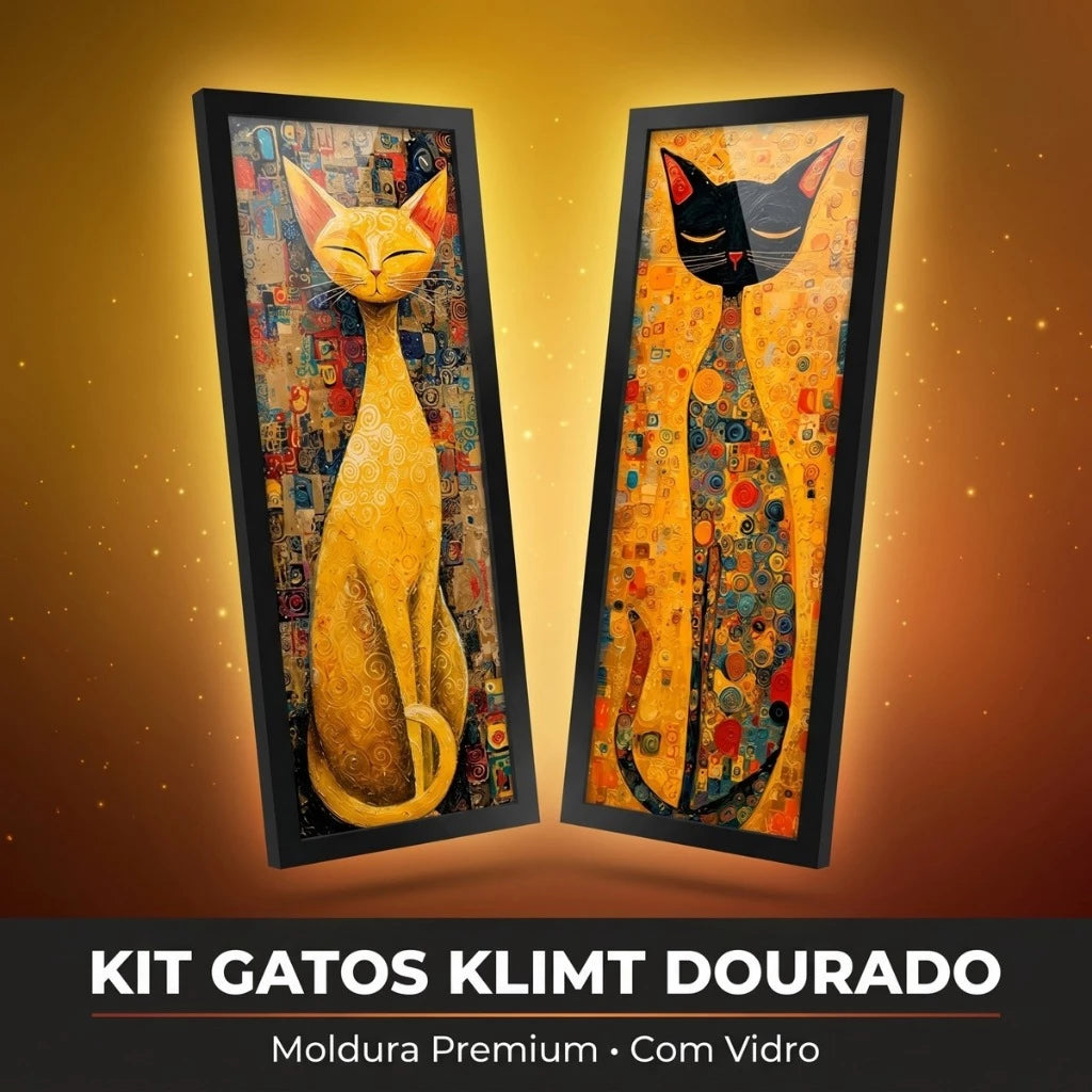 Kit 2 Quadros Verticais Gatos Klimt Dourado 18x45 cm com Moldura e Vidro — visualização 2