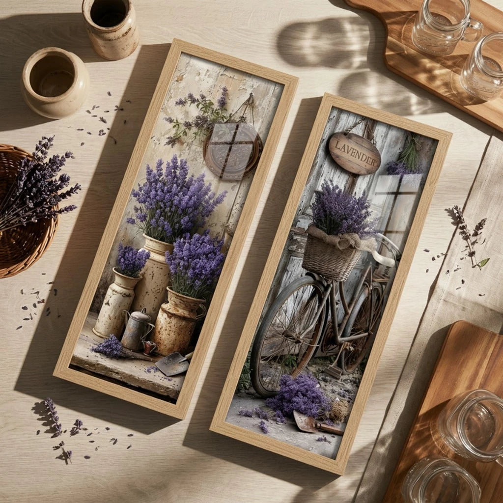 Kit 2 Quadros Verticais Lavandas da Provença 18x45 cm com Moldura e Vidro — composição principal