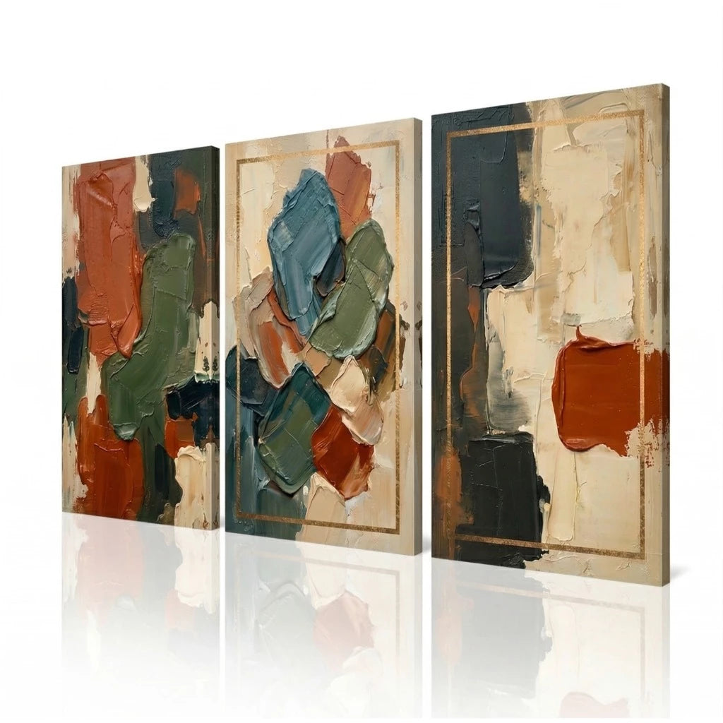 Kit 3 Quadros Decorativos Abstrato Sala e Quarto Tons Terrosos Moldura Dourada NOXHome