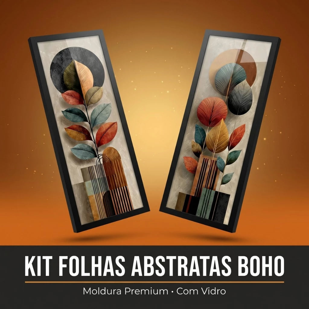 Kit 2 Quadros Verticais Folhas Abstratas Boho Coloridas 18x45 cm com Moldura e Vidro — visualização 2