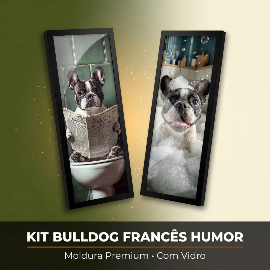 Kit 2 Quadros Verticais Bulldog Francês no Banheiro 18x45 cm com Moldura e Vidro — visualização 2