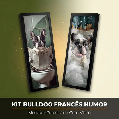 Kit 2 Quadros Verticais Bulldog Francês no Banheiro 18x45 cm com Moldura e Vidro — visualização 2