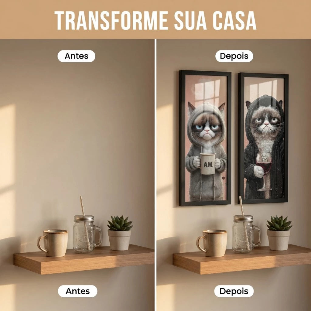 Kit 2 Quadros Verticais Gato Rabugento Café e Vinho 18x45 cm com Moldura e Vidro — visualização 3