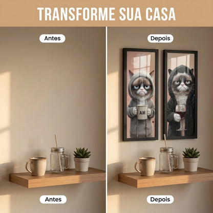 Kit 2 Quadros Verticais Gato Rabugento Café e Vinho 18x45 cm com Moldura e Vidro — visualização 3