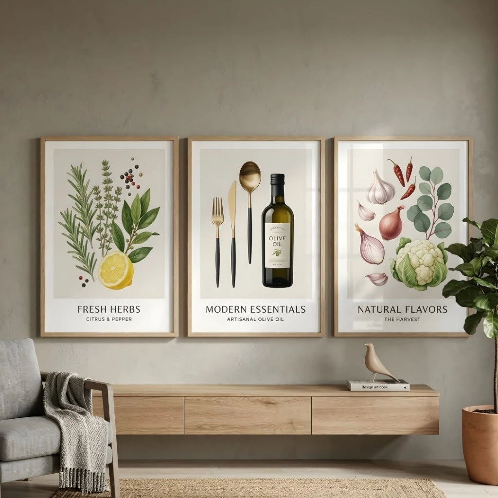 Trio Quadros Decorativos Cozinha Gourmet Ervas Aromáticas NOXHome