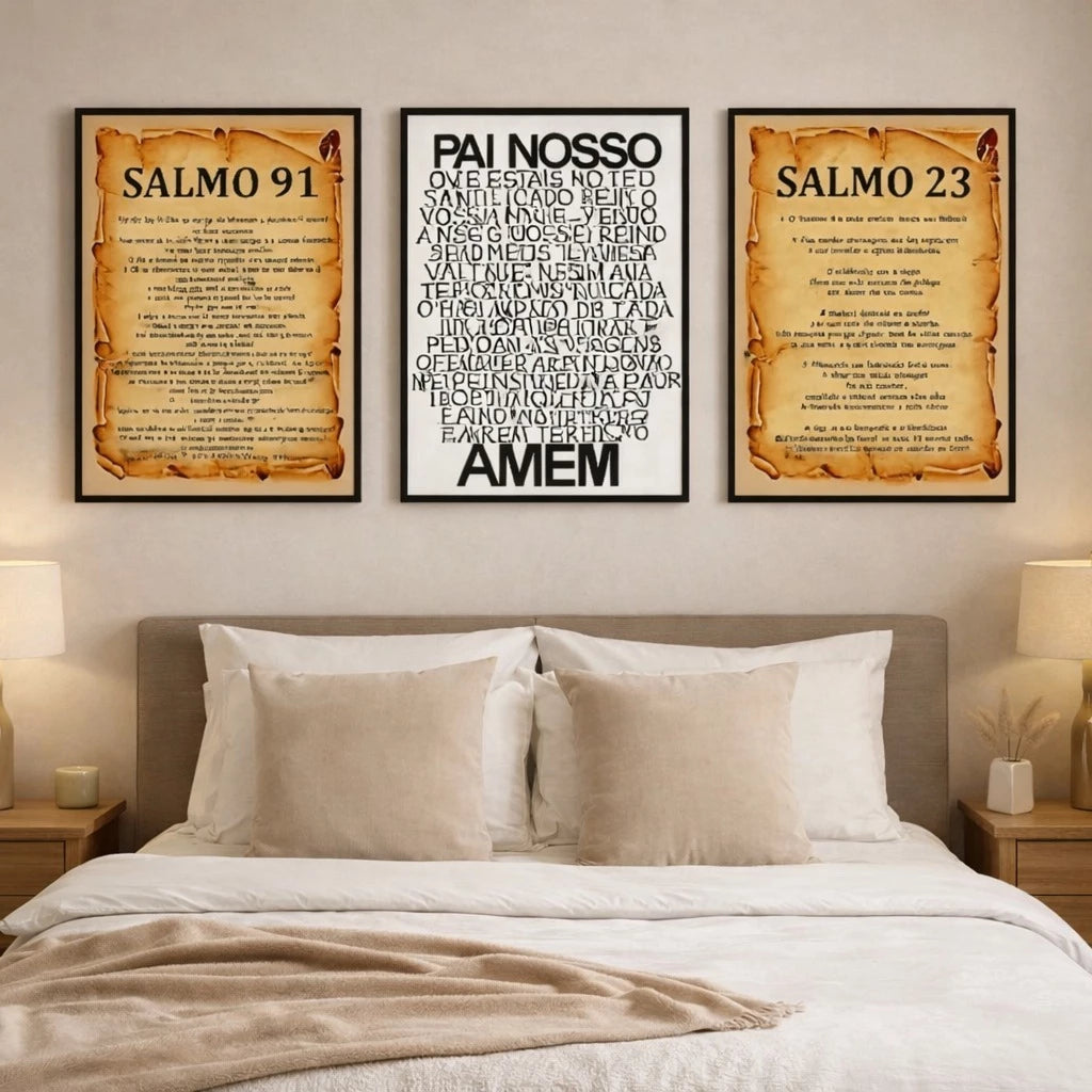 Trio Quadros Religiosos Salmos e Pai Nosso Fé e Proteção NOXHome