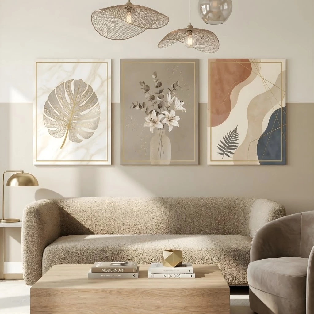 Kit 3 Quadros Decorativos Mármore Costela de Adão Dourado NOXHome | Impressão 4K MDF Premium – Sala e Quarto