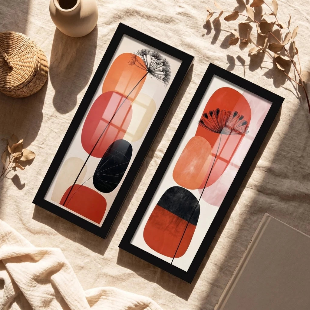 Kit 2 Quadros Verticais Floral Boho Abstrato Neutro 18x45 cm com Moldura e Vidro — composição principal