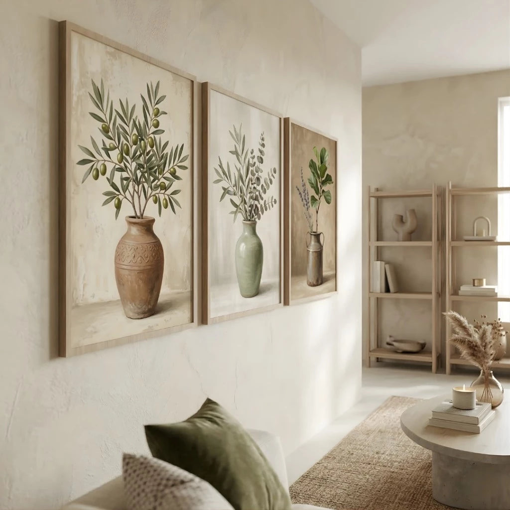 Kit 3 Quadros Decorativos Ramos Oliveira Boho NOXHome | Impressão 4K MDF Premium – Quarto e Sala