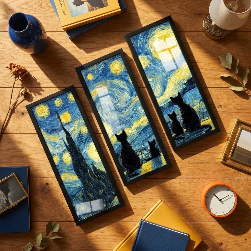 Kit 3 Quadros Verticais Gatos na Noite Estrelada 18x45 cm com Moldura e Vidro — composição principal