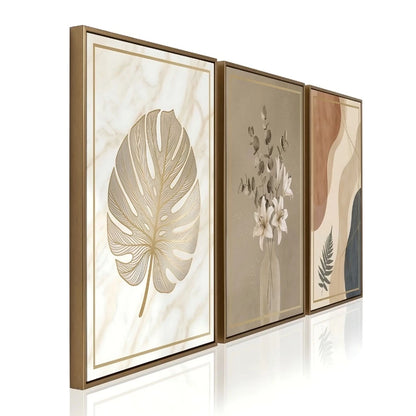 Kit 3 Quadros Decorativos Mármore Costela de Adão Dourado NOXHome | Impressão 4K MDF Premium – Sala e Quarto