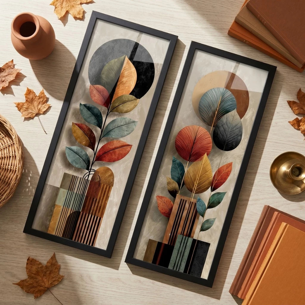 Kit 2 Quadros Verticais Folhas Abstratas Boho Coloridas 18x45 cm com Moldura e Vidro — composição principal