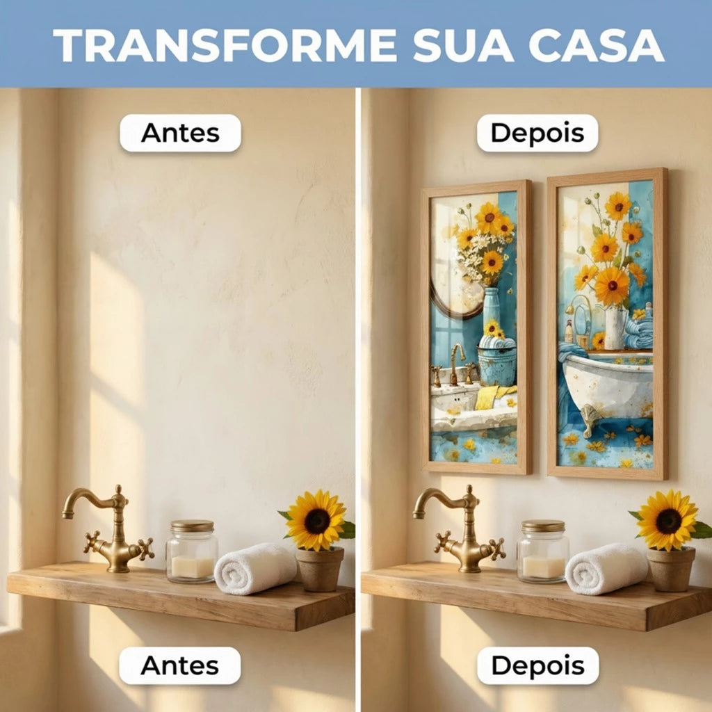 Kit 2 Quadros Verticais Girassóis Vintage no Banheiro 18x45 cm com Moldura e Vidro — visualização 3