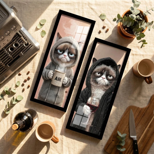 Kit 2 Quadros Verticais Gato Rabugento Café e Vinho 18x45 cm com Moldura e Vidro — composição principal